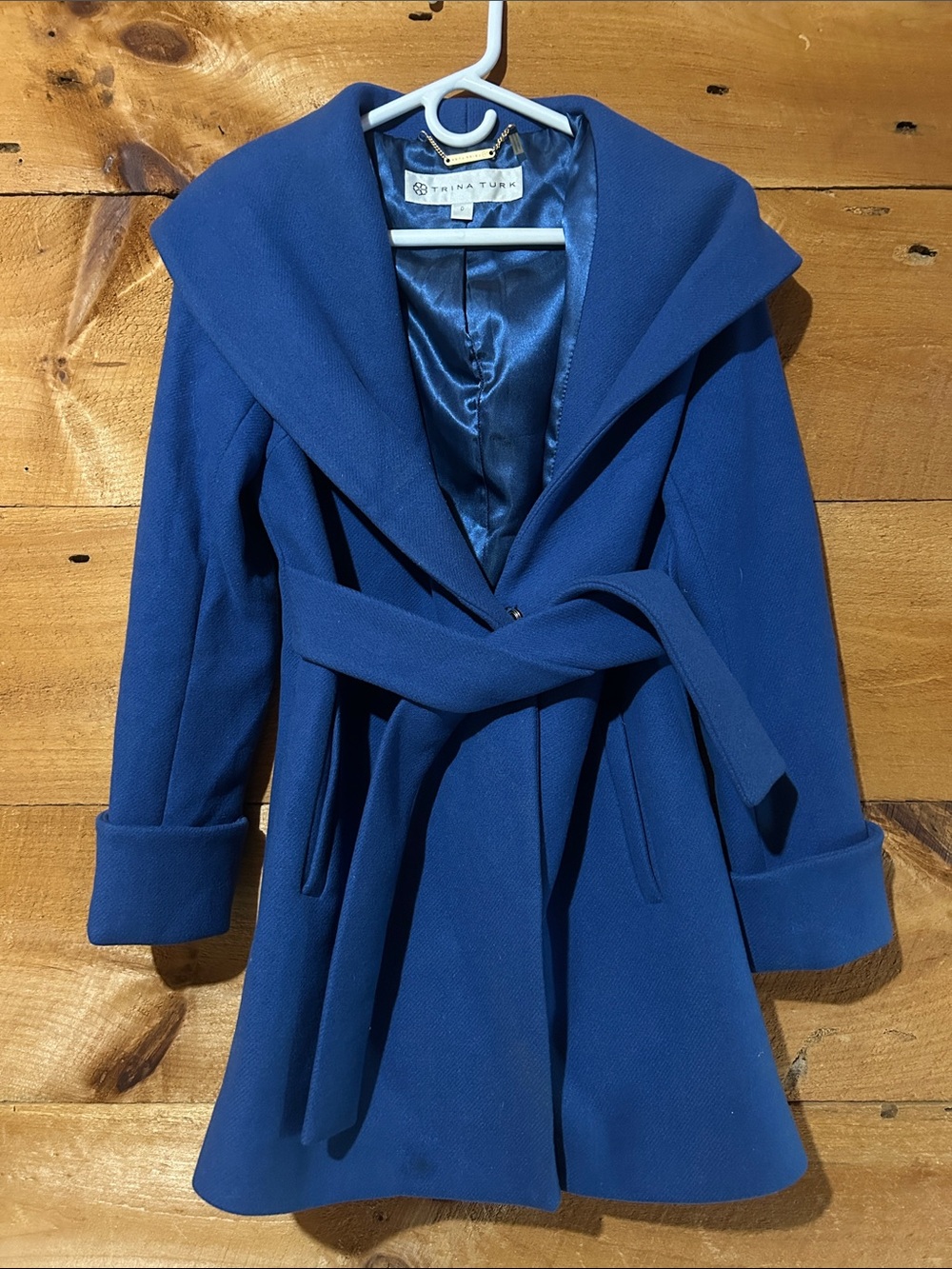 Trina Turk Bold Blue Shawl-Collar Belted Trench Coat